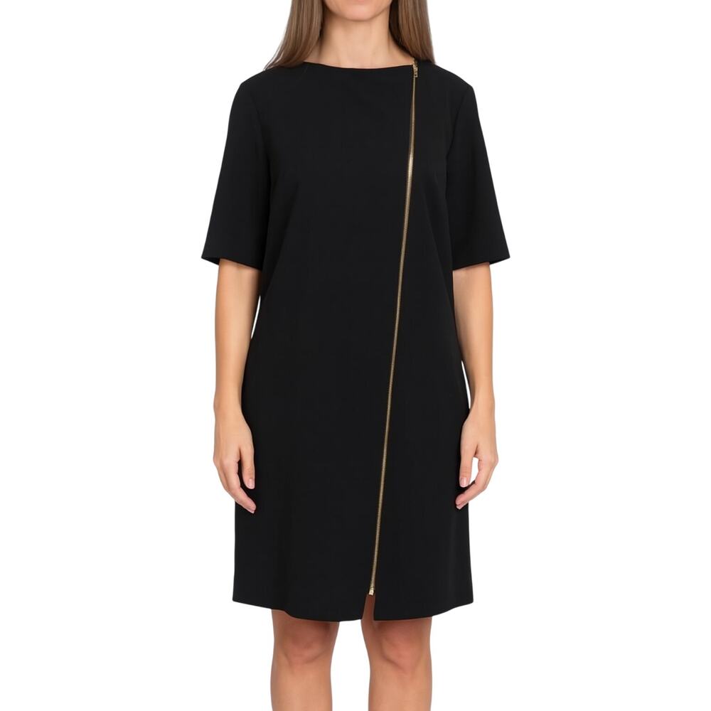 Jana Kos Black Asymmetrical Zipper Midi Dress Short Sleeve Size 8 NWT